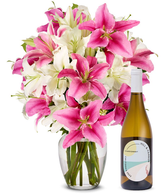 Premium Pink and White Lilies with White Wine