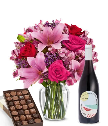 Roses & Lilies, Red Wine, and Gourmet Chocolates