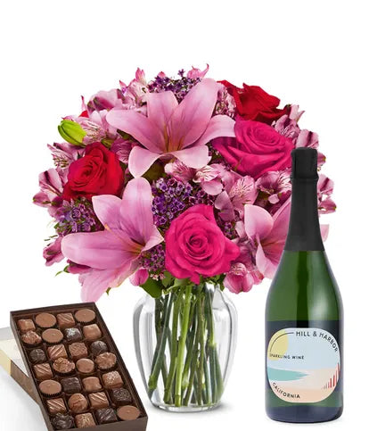 Roses & Lilies, Sparkling Wine & Gourmet Chocolates