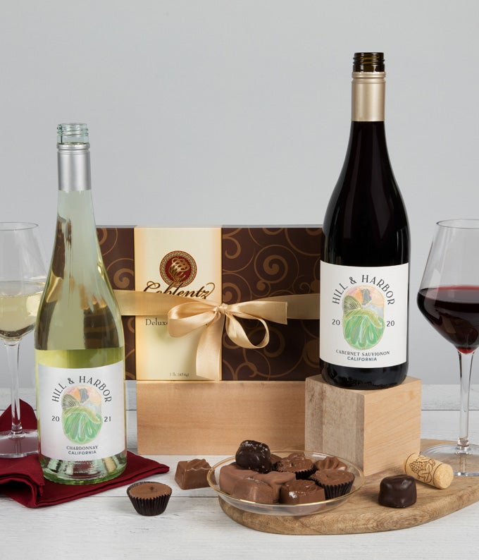 Red Wine, White Wine &amp; Gourmet Chocolates Gift Box