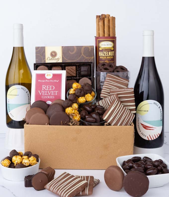 Deluxe Red & White Wine & Sweet Treats Gift Box - The Gift Basket