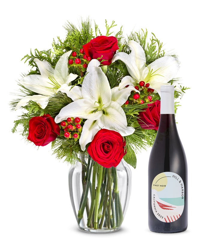 Premium Christmas Lily Bouquet with Red Wine