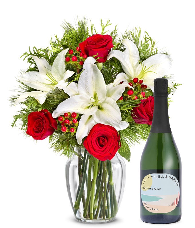 Premium Christmas Lily Bouquet with Sparkling Wine