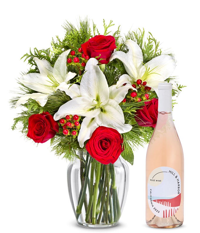 Classic Christmas Lily Bouquet with Rosé Wine