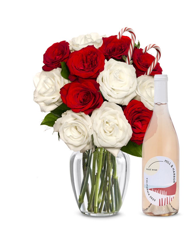 Sweet Candy Cane Rose Bouquet with Rosé Wine