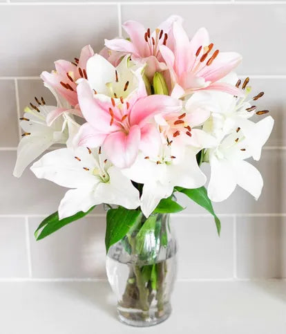 Premium Pink & White Lilies, Red Wine, and Gourmet Assorted Chocolate