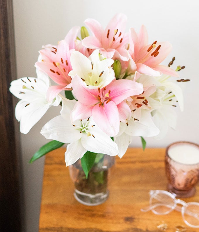 Premium Pink and White Lilies with Red Wine