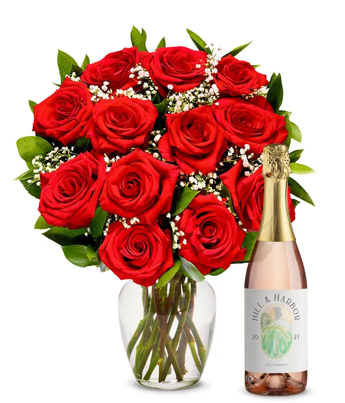 One Dozen Red Roses with Sparkling Wine