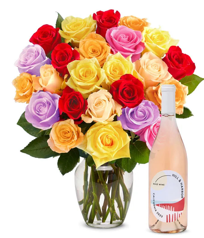 Two Dozen Rainbow Roses and Rosé