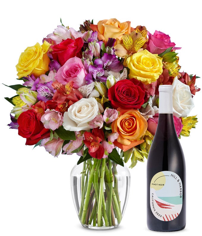 Deluxe Bright & Sunny Rose Bouquet with Red Wine