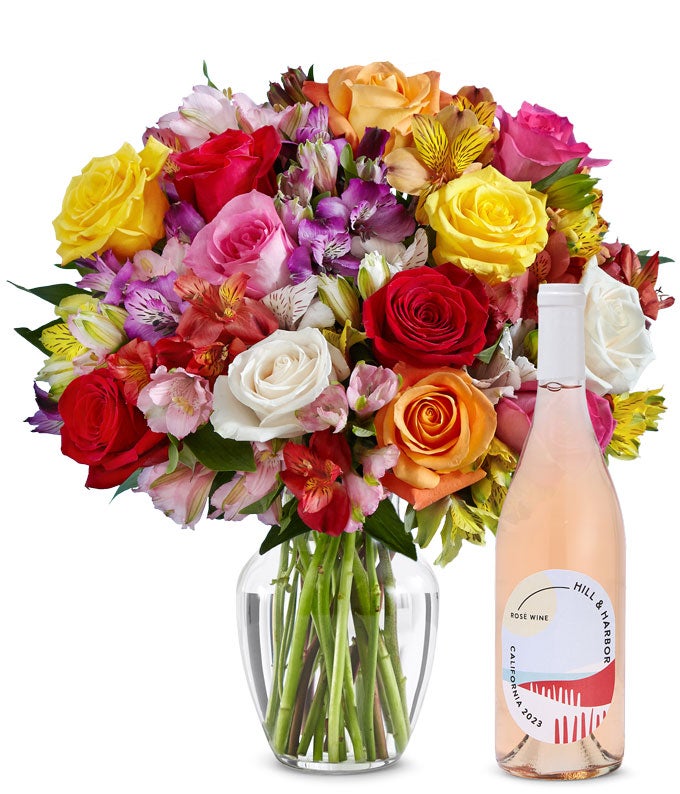 Deluxe Bright & Sunny Rose Bouquet with Rosé Wine