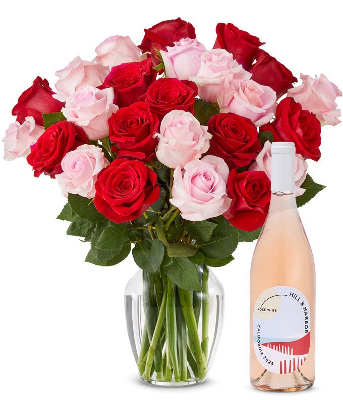 Two Dozen Pink & Red Roses with Rosé Wine