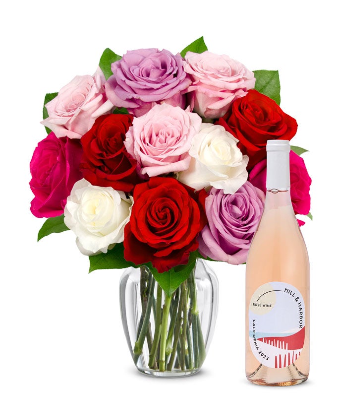 One Dozen Assorted Sweetheart Roses with Rosé Wine
