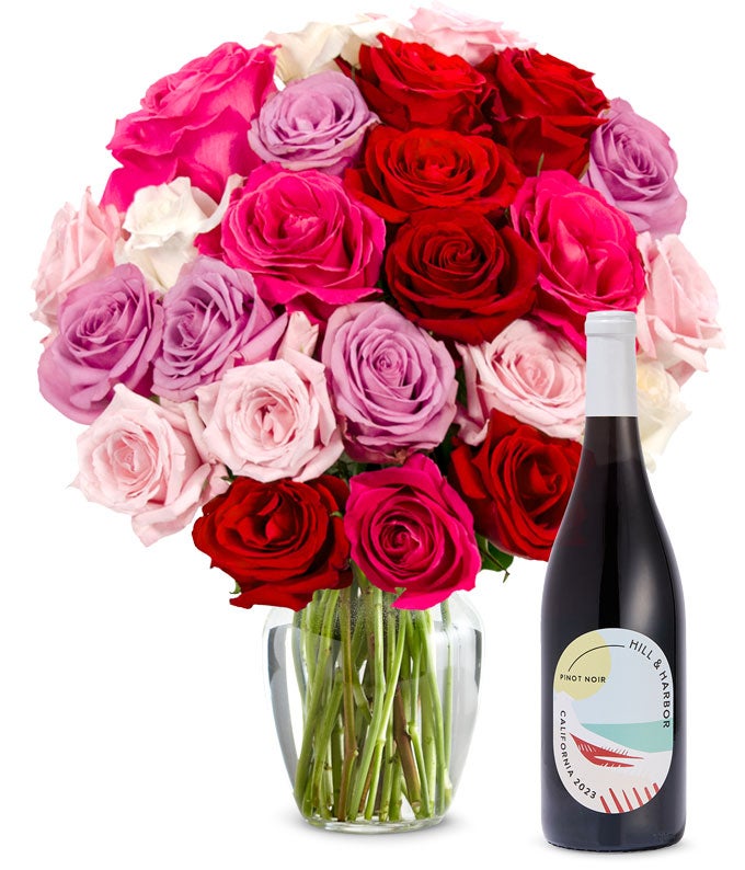 Two Dozen Assorted Sweetheart Roses with Red Wine