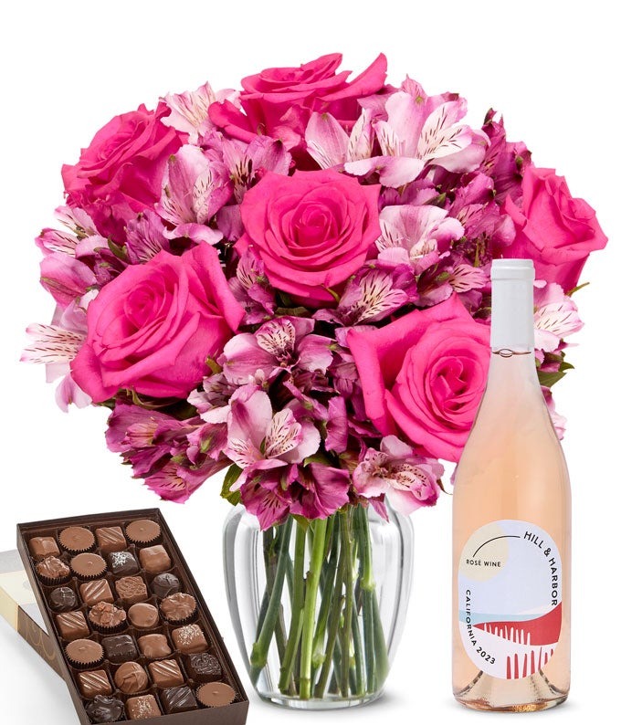 Perfectly Pink Roses and Rosé Wine with Gourmet Chocolates