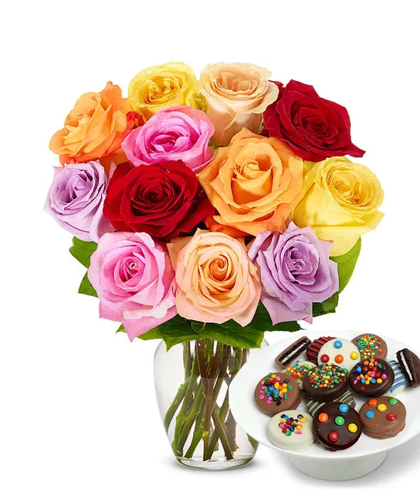 One Dozen Rainbow Roses with Belgian Chocolate Covered Strawberries
