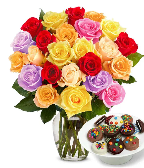 One Dozen Rainbow Roses with Belgian Chocolate Covered Strawberries