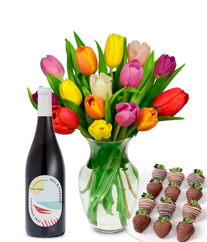 Rainbow Tulips, Red Wine and Chocolate Dipped Strawberries