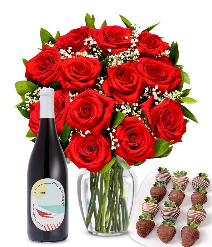 One Dozen Red Roses, Red Wine and Chocolate-Dipped Strawberries