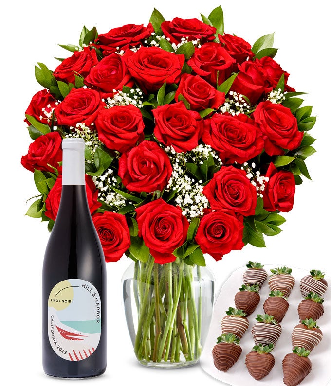 Red Roses, Red Wine & Chocolate Dipped Strawberries