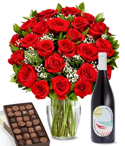 Red Roses, Red Wine & Gourmet Assorted Chocolate