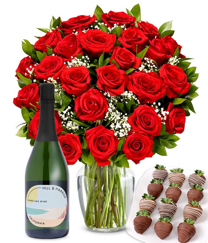 Red Roses, Sparkling Wine & Chocolate Dipped Strawberries