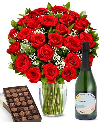 Red Roses, Sparkling Wine & Gourmet Assorted Chocolate