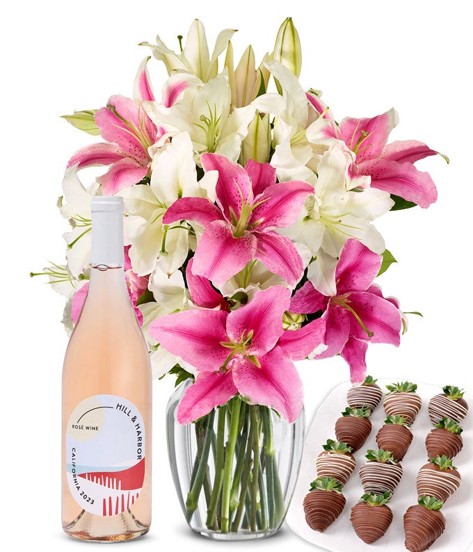 Pink & White Lilies, Rosé Wine, and Chocolate Dipped Strawberries