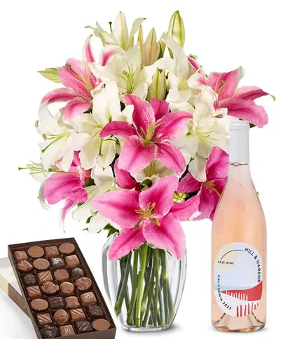 Pink & White Lilies, Rosé Wine, and Gourmet Assorted Chocolate