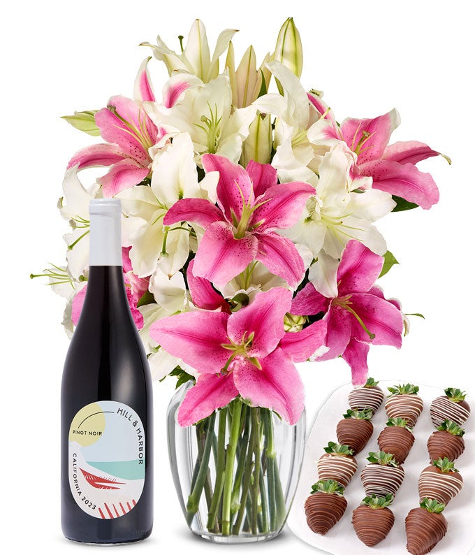 Pink & White Lilies, Red Wine, and Chocolate Dipped Strawberries