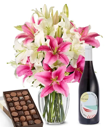 Pink & White Lilies, Red Wine, and Gourmet Assorted Chocolate