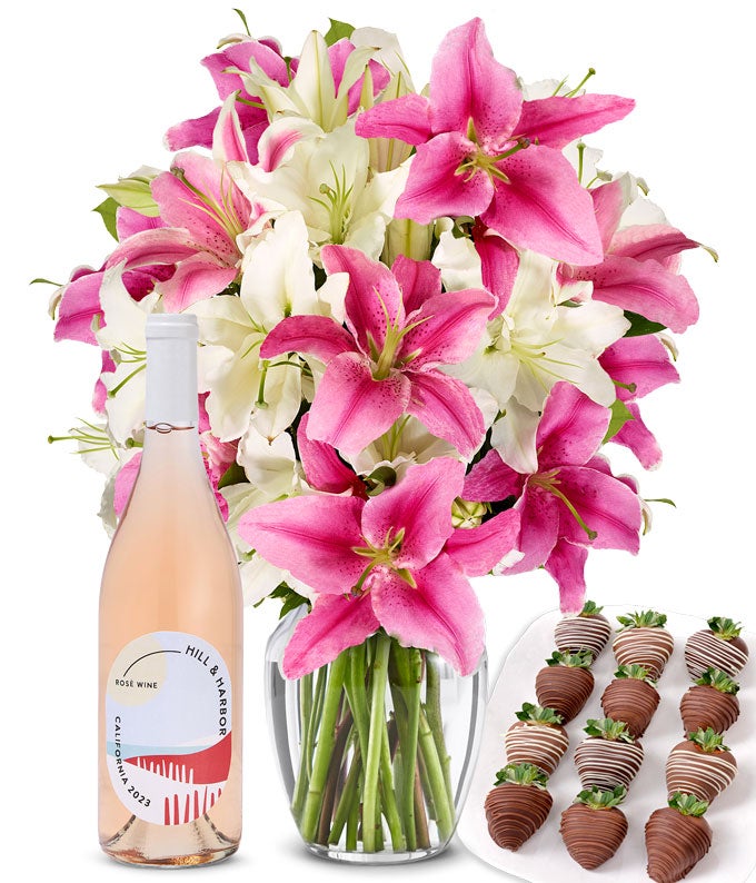Premium Pink & White Lilies, Rosé Wine, and Chocolate Dipped Strawberries