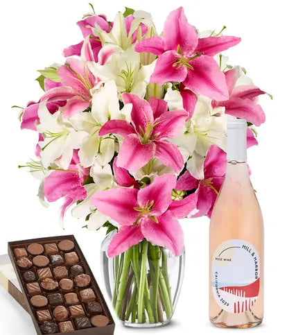 Premium Pink & White Lilies, Rosé Wine, and Gourmet Assorted Chocolate