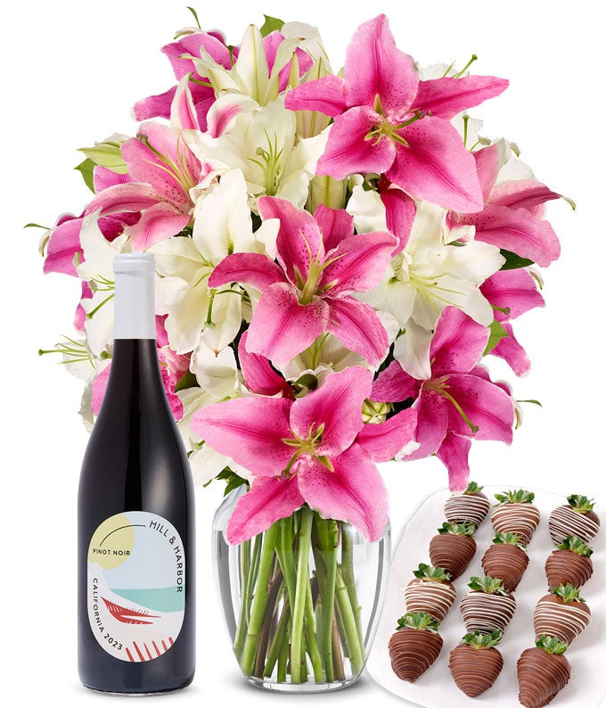 Premium Pink & White Lilies, Red Wine, and Chocolate Dipped Strawberries