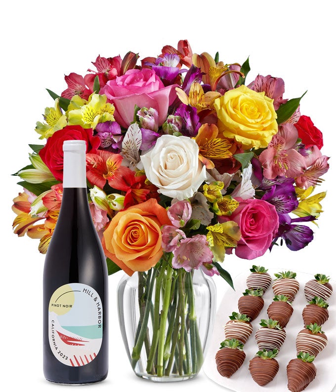 Bright & Sunny Rose Bouquet, Red Wine and Chocolate Dipped Strawberries