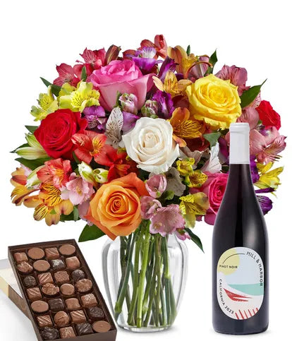 Bright & Sunny Rose Bouquet, Red Wine and Gourmet Assorted Chocolate
