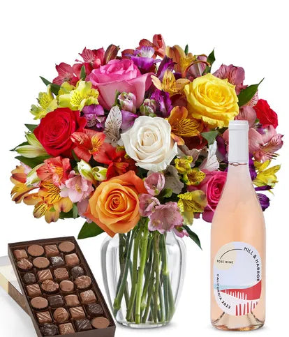 Bright & Sunny Rose Bouquet, Rosé Wine and Gourmet Assorted Chocolate