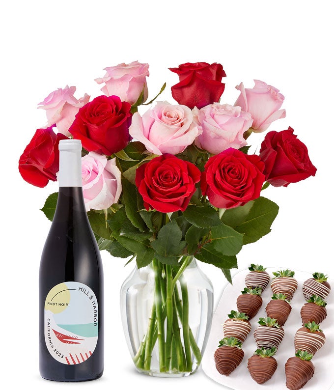 Pink & Red Roses, Red Wine, and Chocolate Dipped Strawberries
