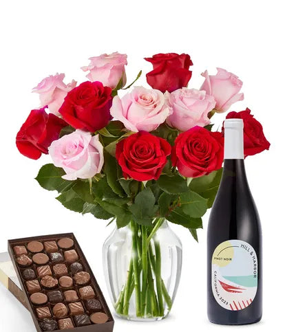 Pink & Red Roses, Red Wine, and Gourmet Assorted Chocolate Box