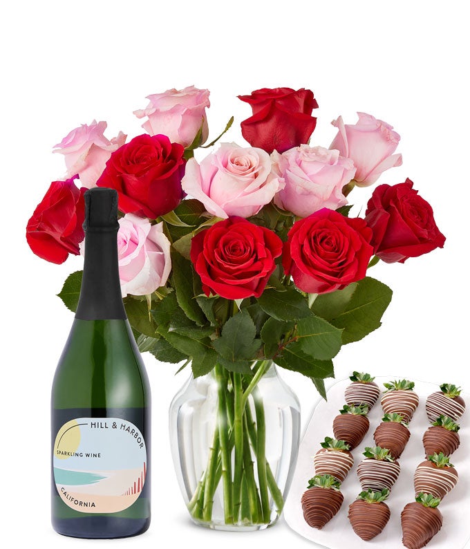 Pink & Red Roses, Sparkling Wine, and Chocolate Dipped Strawberries