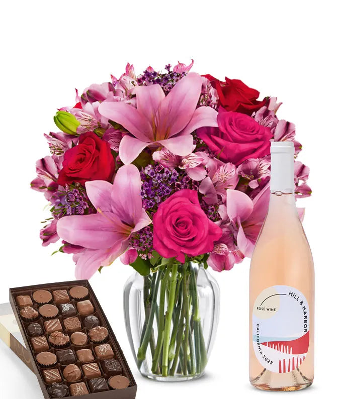 Roses & Lilies, Rosé Wine, and Gourmet Chocolate