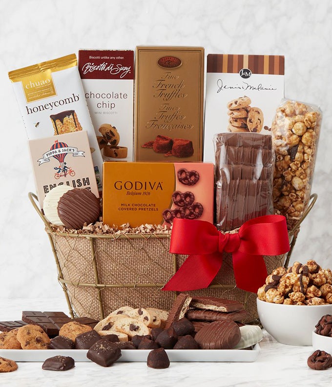 Deluxe chocolate basket with chocolate covered treats, Godiva snacks, and more.