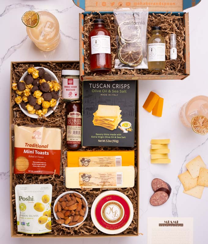 Deluxe Cheese &amp; Charcuterie Box with Tropical Pink Margarita Cocktail Kit