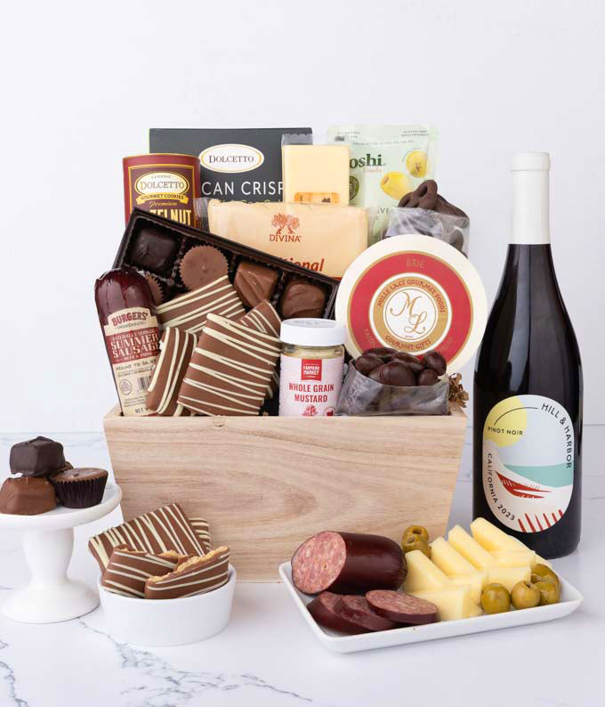 Gourmet Charcuterie &amp; Sweets Gift Basket with Red Wine