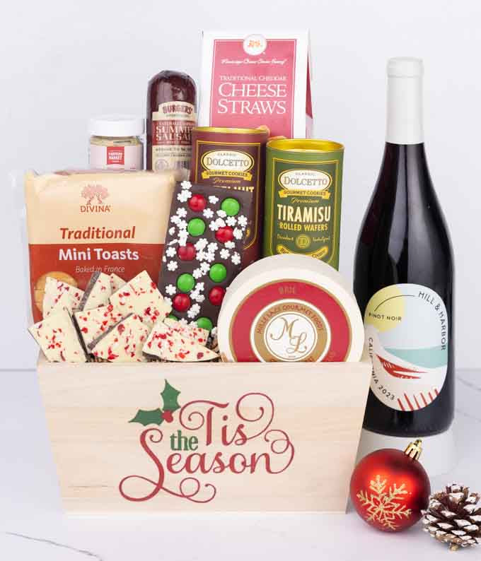 Holiday Snack & Treats Basket with Red Wine