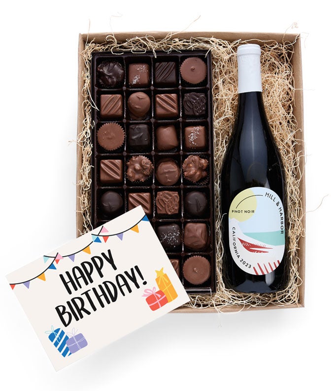 Birthday wine gift basket with California Pinot Noir and 28 chocolate truffles