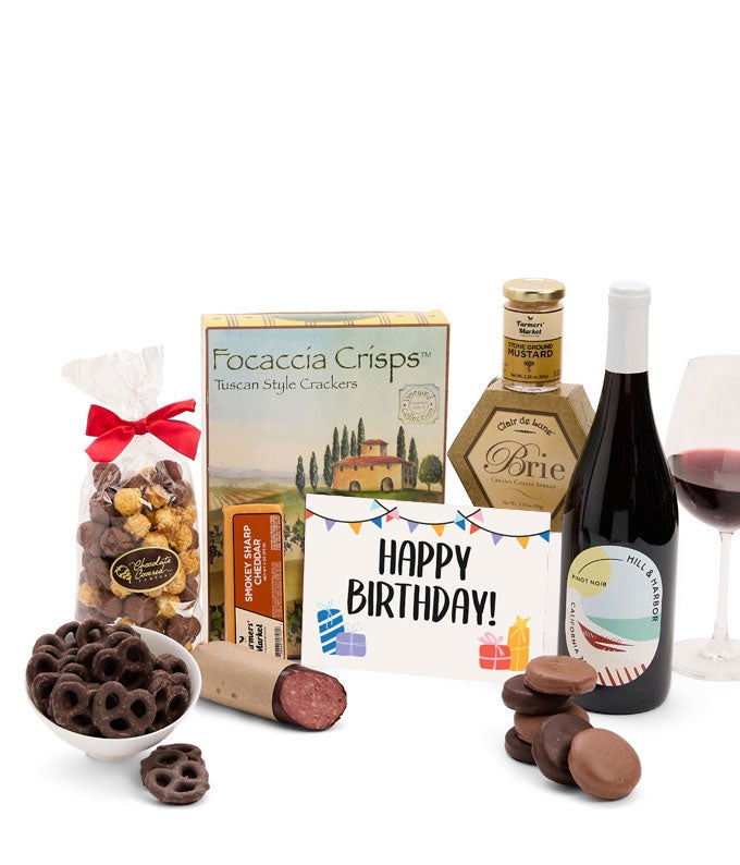 Happy Birthday! Gourmet Gift Box with Red Wine