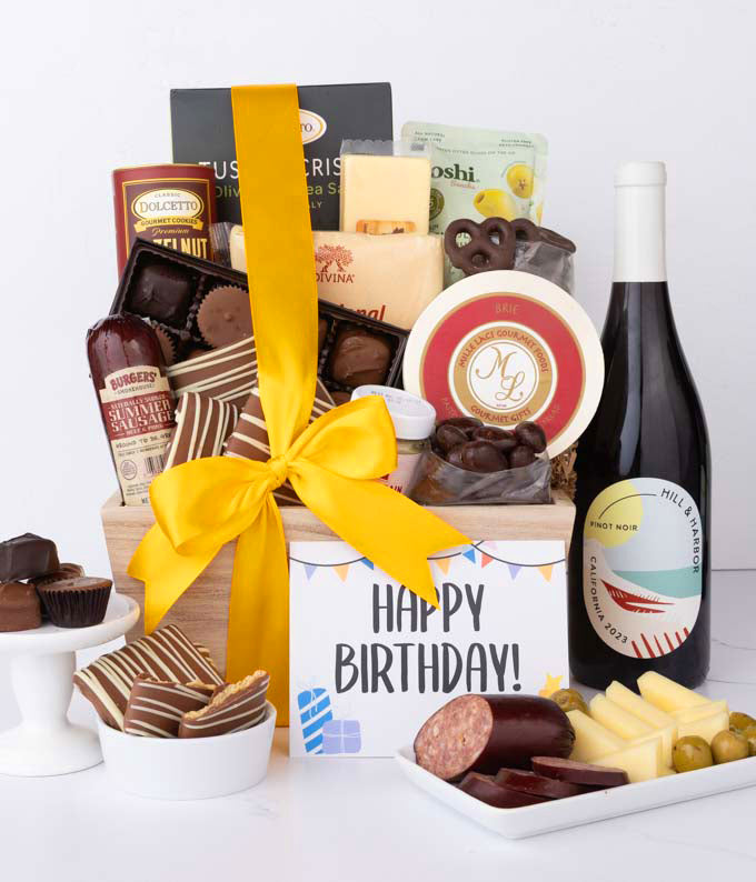 Happy Birthday! Gourmet Charcuterie &amp; Sweets Gift Basket with Red Wine