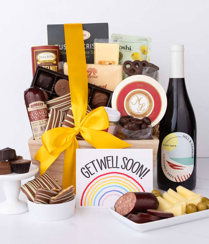 Get Well Gourmet Charcuterie &amp; Sweets Gift Basket with Red Wine