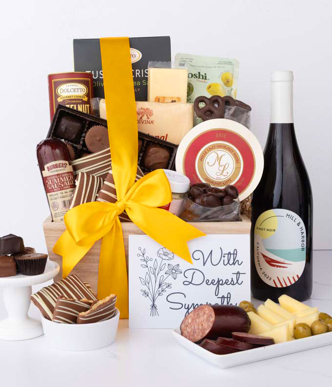 Deepest Sympathy Gourmet Charcuterie &amp; Sweets Gift Basket with Red Wine